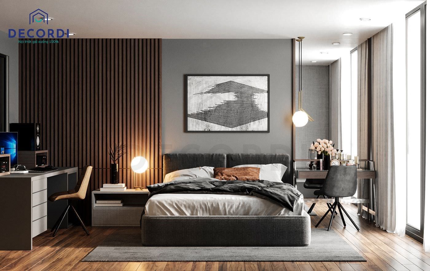 Phòng ngủ sử dụng nội thất gỗ công nghiệp là chủ yếu mang lại không gian ấm cúng tiện nghi