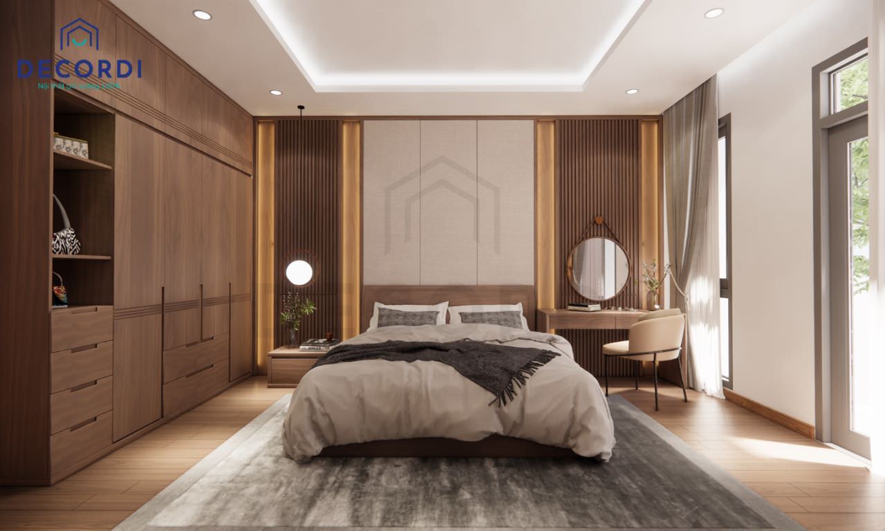 Tủ quần áo gỗ tự nhiên đụng trần tối ưu không gian lưa trữ đồ đạc cho phòng ngủ 25m2