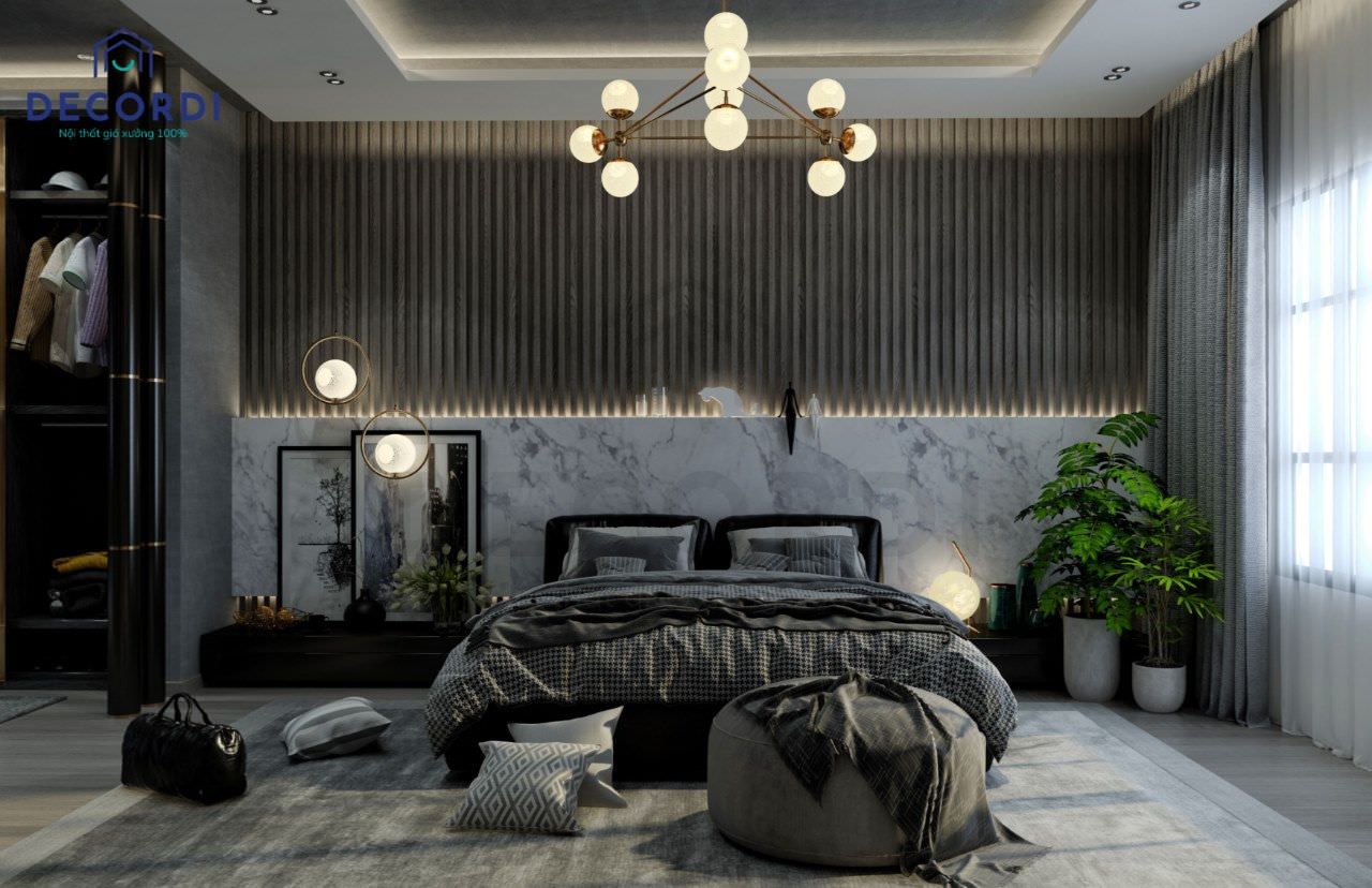 Phòng ngủ màu xám có diện tích rộng rãi bố trí giường ngủ ở giữa 2 tab đầu giường tạo lối đi thoải mái ở 2 bên