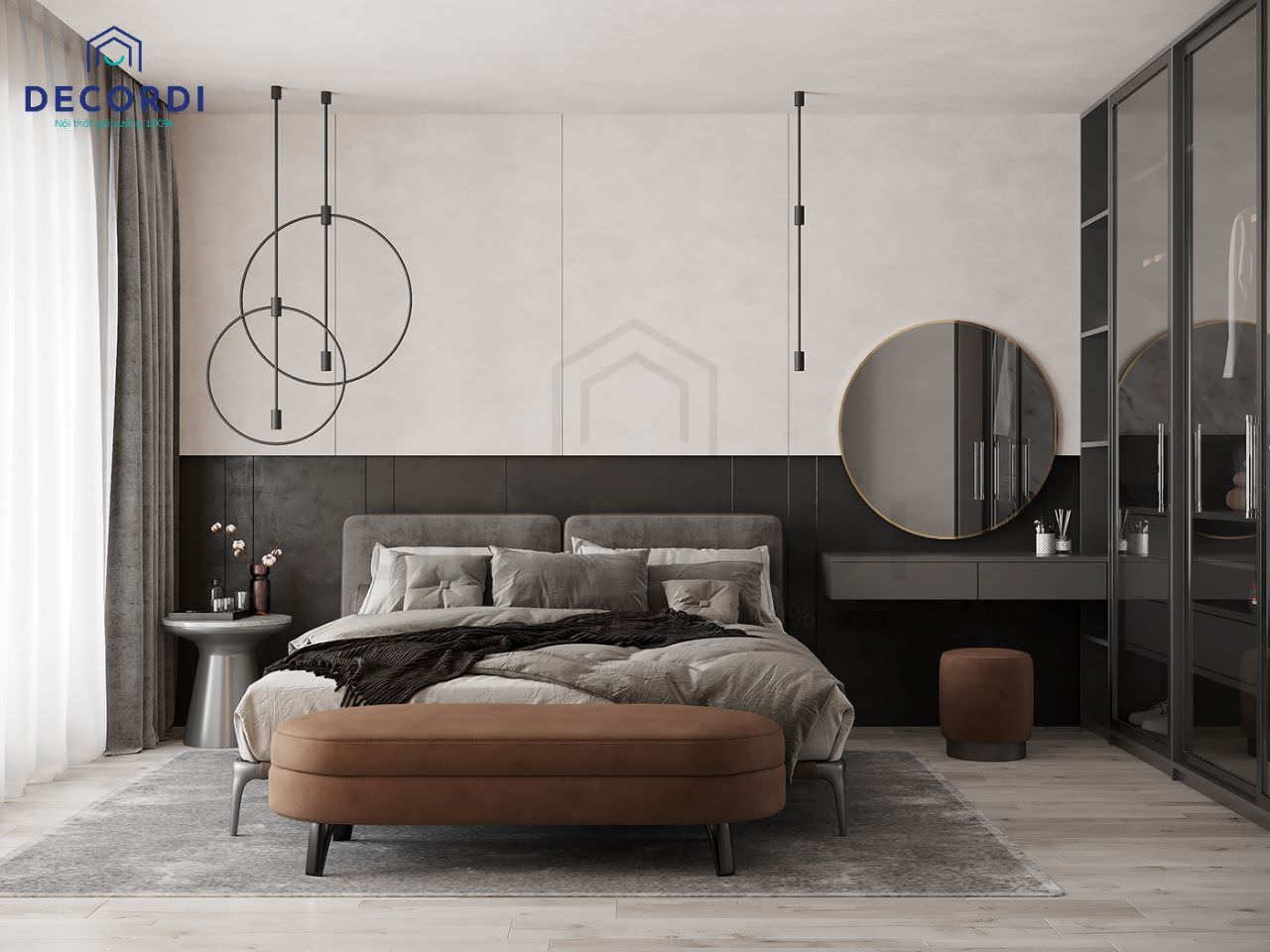 Phòng ngủ 25m2 phong cách tối giản với gam màu xám phối đen thể hiện cá tính mạnh mẽ và nét bí ẩn