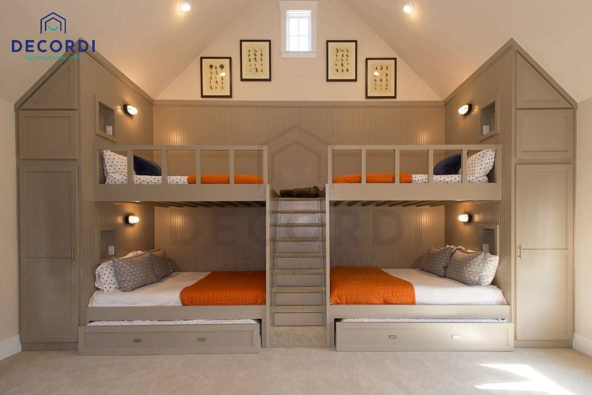 Giường tầng với 4 chỗ ngủ dành cho đại gia đình có kèm thêm ngăn kéo chứa đồ