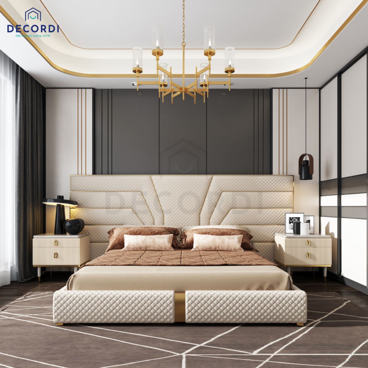 Thiết kế phòng ngủ 2 cửa ra vào phong cách luxury nhưng không cầu kỳ phức tạp, nổi bật với vách ốp có đường chỉ vàng đẹp mắt