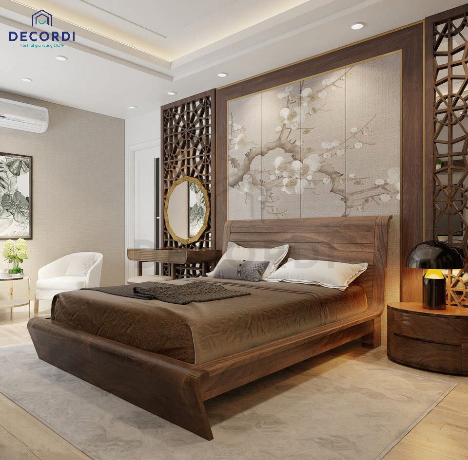 Thiết kế phòng ngủ theo phong cách Nhật với chất liệu gỗ óc chó cao cấp mang lại không gian nội thất vừa giá trị vừa cảm nhận được sự ấm cúng, lãng mạn
