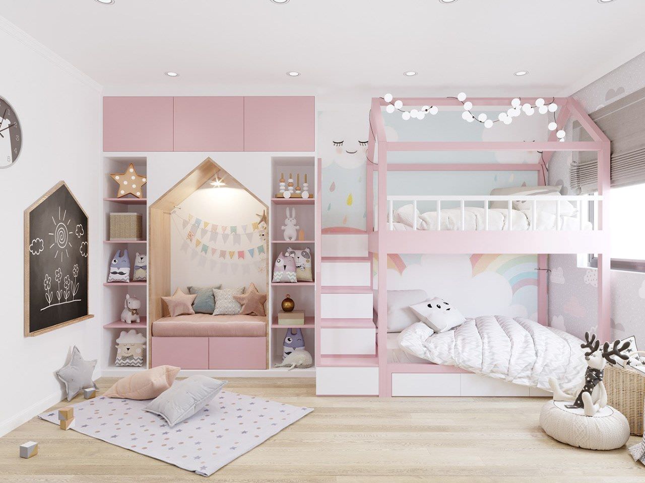 Giường tầng gỗ công nghiệp hiện đại phối màu trắng hồng dành cho các bé gái