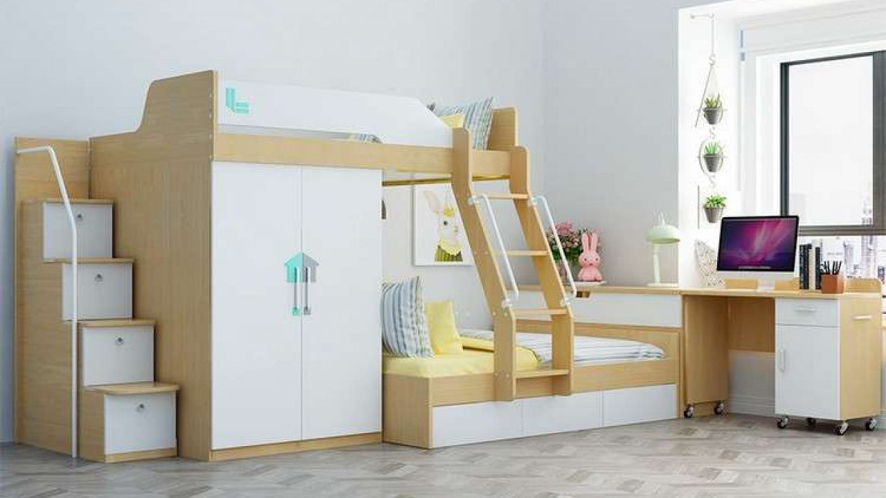 Thiết kế giường tầng thông minh kết hợp tủ quần áo và kèm bàn học cho bé