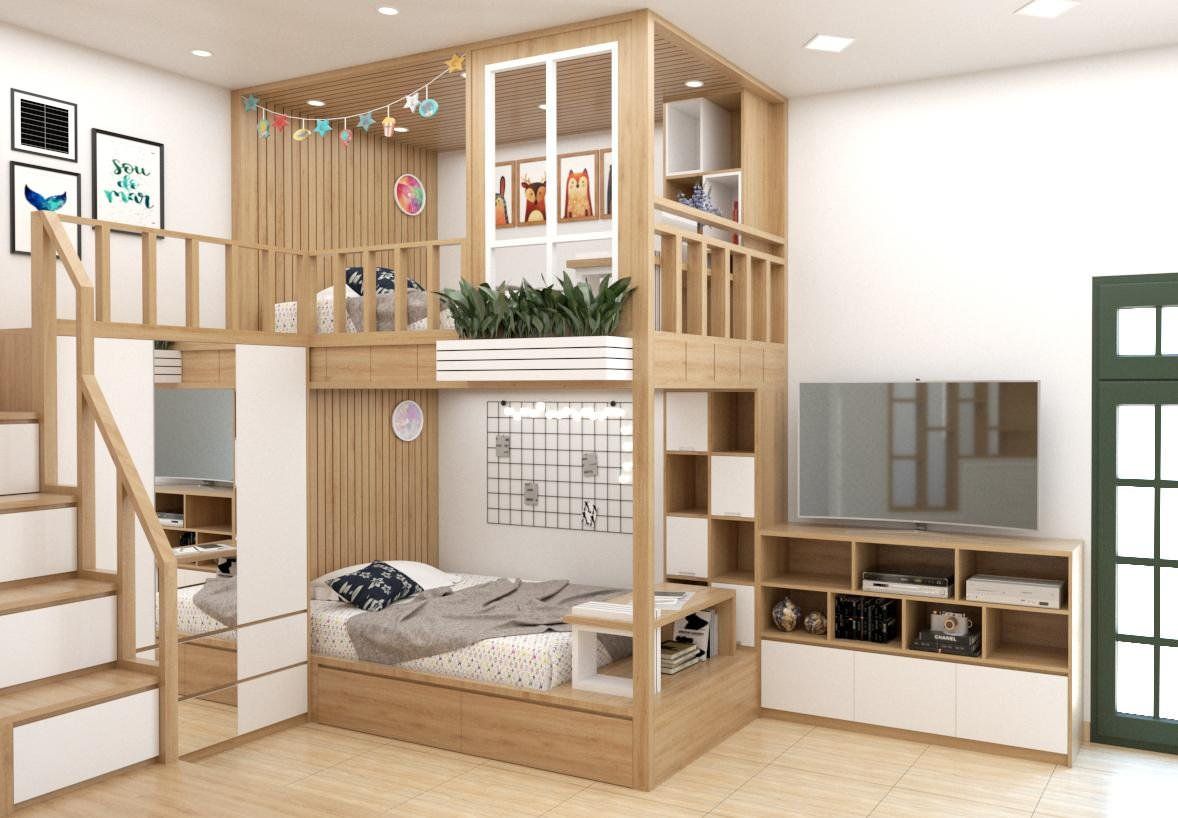 Giường tầng thông minh đa chức năng có kèm tủ trang trí và tủ quần áo
