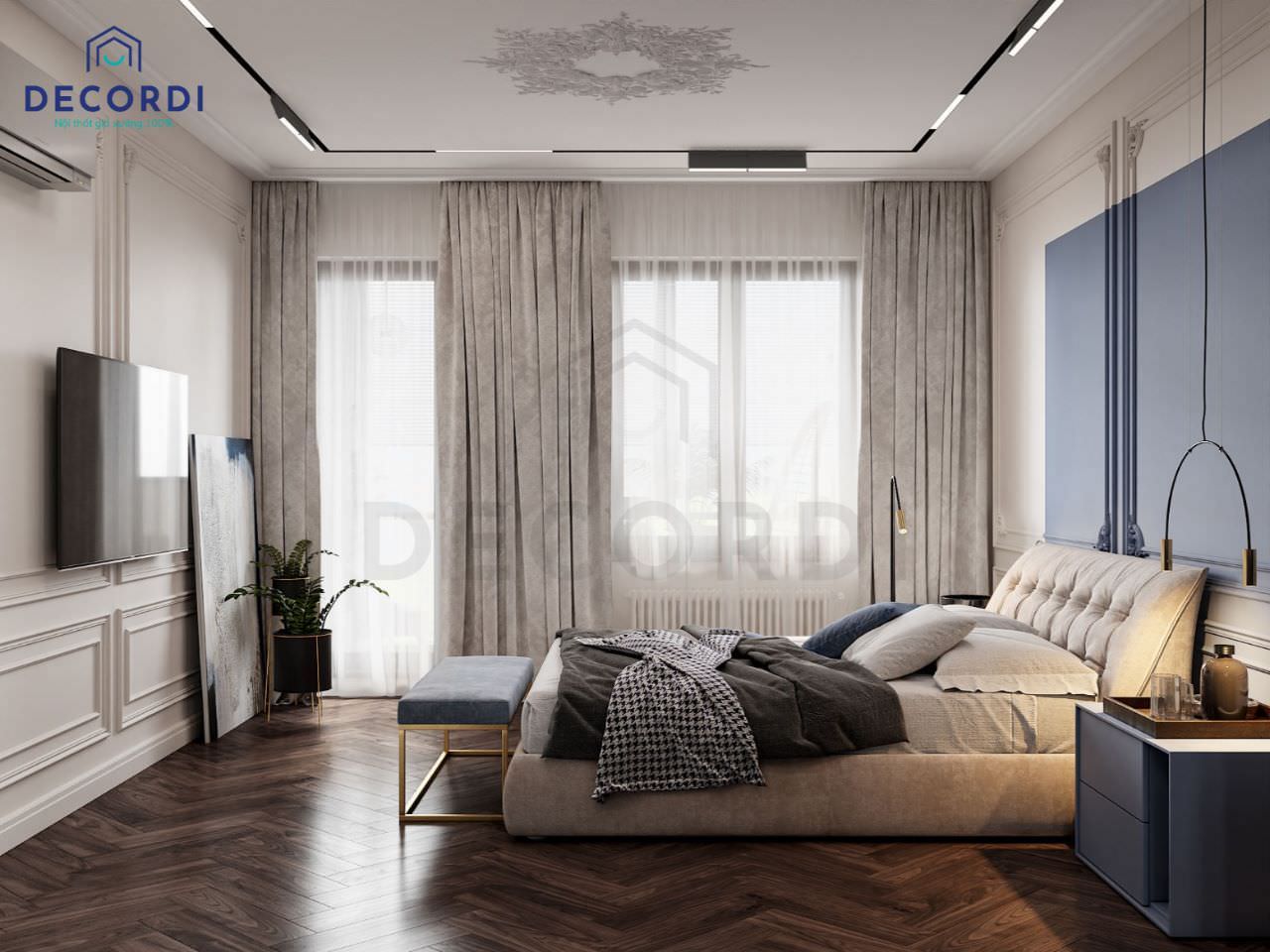 Thiết kế nhà 40m2 1 phòng ngủ phong cách tân cổ điển đơn giản cho nam với tông màu xanh phối trắng nhẹ nhàng