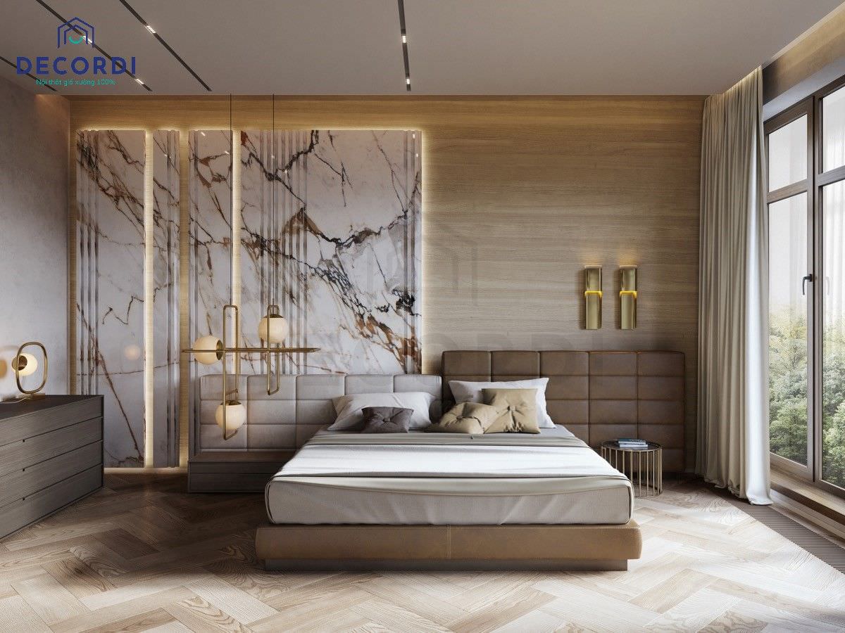 Trang trí phòng ngủ với vách ốp tường mặt đá có gắn đèn led ấn tượng