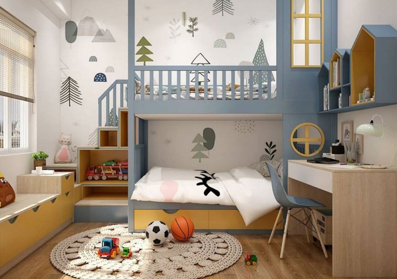 Màu vàng phối xanh cá tính được tính hợp trong mẫu giường tầng thông minh kèm bàn học tiện nghi cho bé