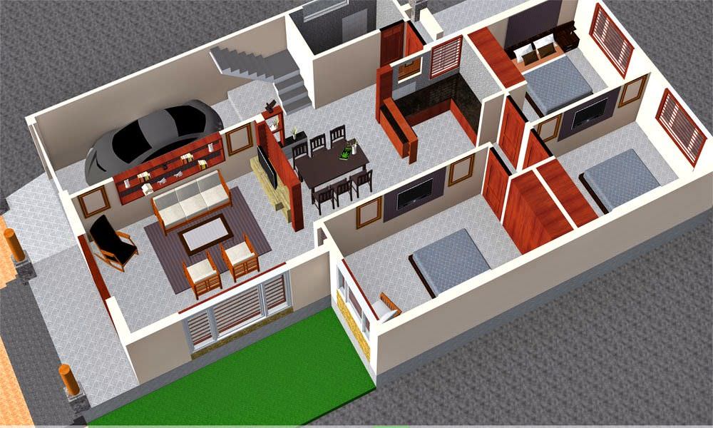 Bản vẽ 3D thể hiện rõ bố cục phòng khách, bếp và 3 phòng ngủ