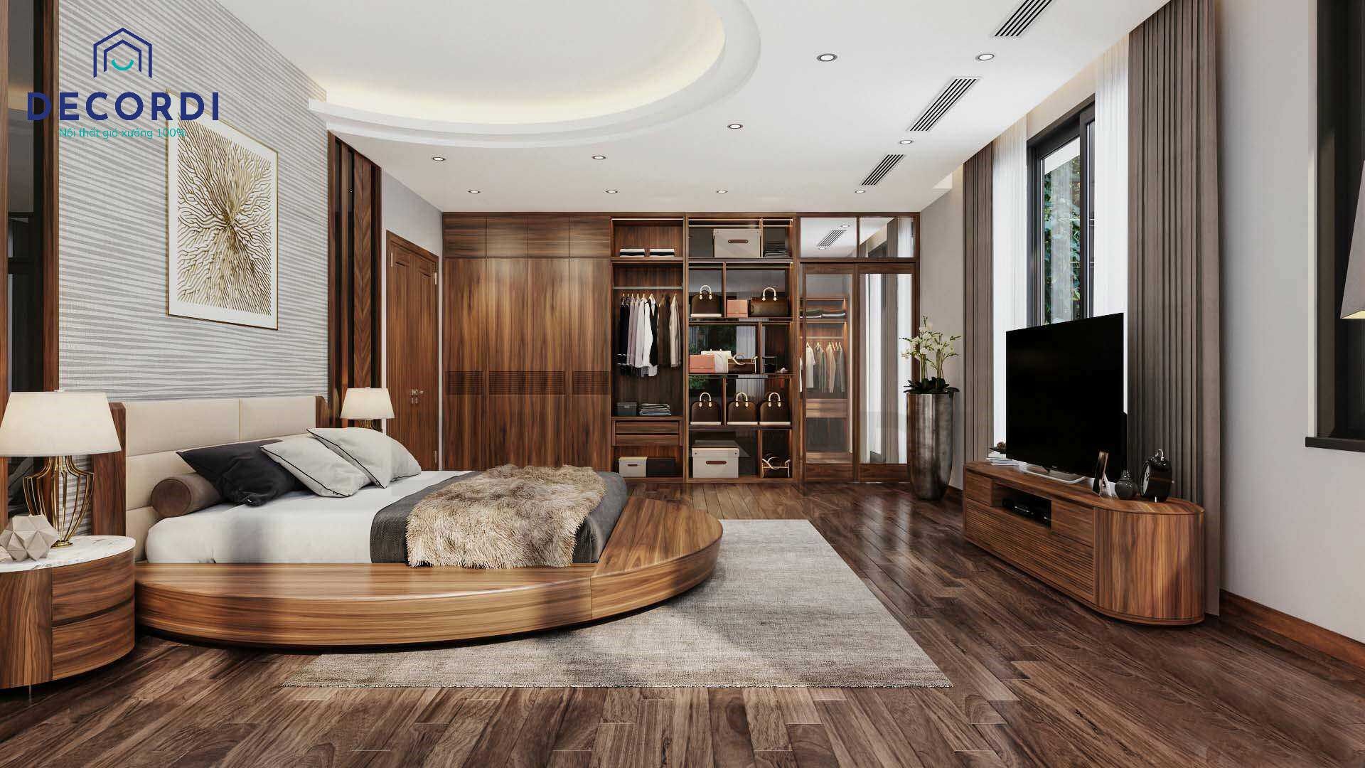 Phòng ngủ màu gỗ óc chó tượng trưng cho sự thịnh vượng, phú quý, phù hợp với gia chủ mệnh thổ hoặc mệnh mộc