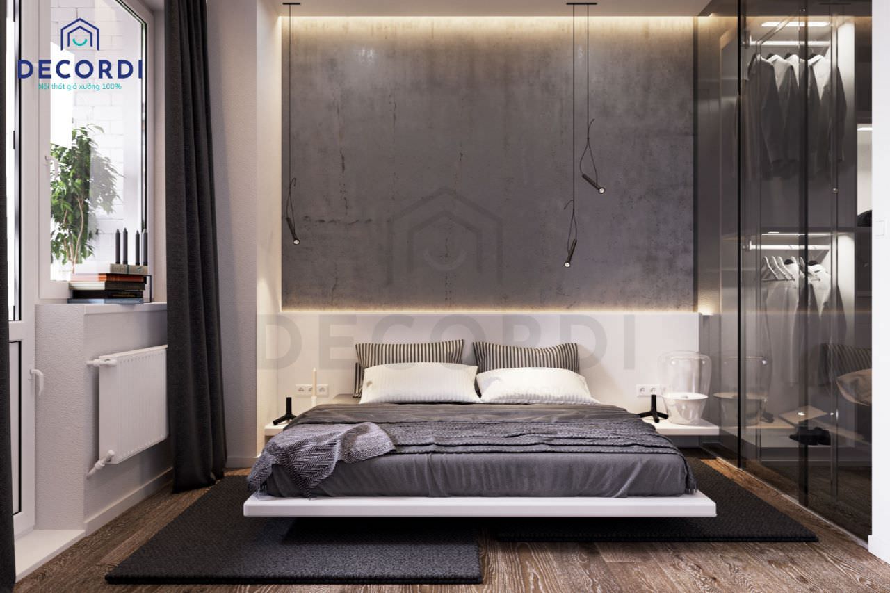 Phòng ngủ màu xám tối giản kiểu Nhật với giường ngủ thấp cùng thiết kế tủ quần áo đụng trần tối ưu không gian sử dụng