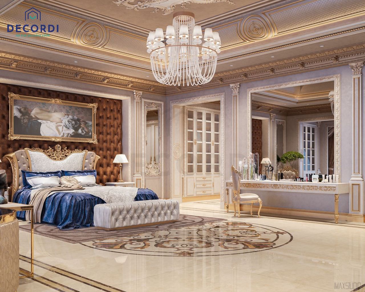 Thiết kế nội thất phòng ngủ biệt thự cổ điển với tông màu kem hoà cùng các chi tiết tinh xảo tạo điểm nhấn ấn tượng
