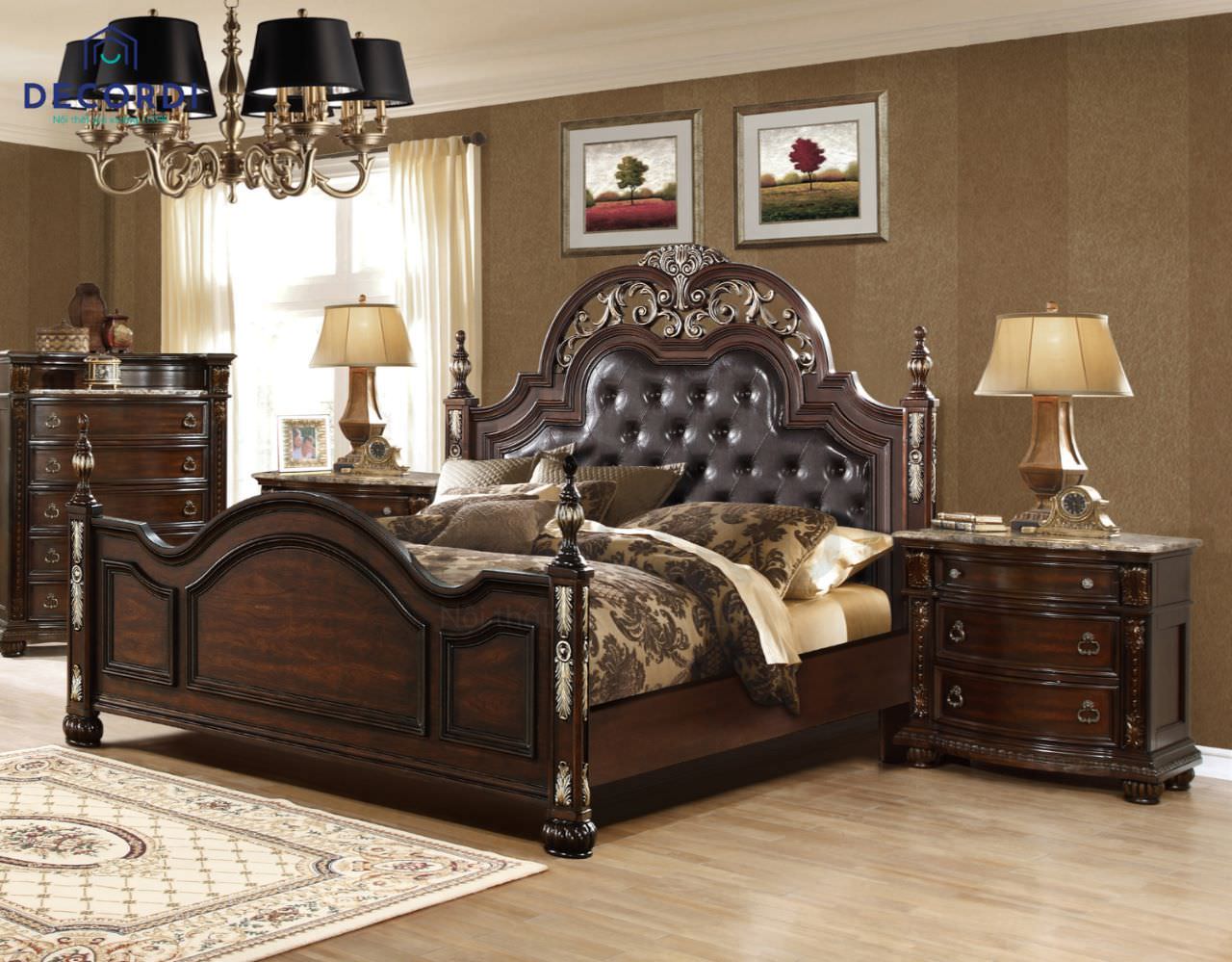Nội thất phòng ngủ gỗ óc chó được thiết kế theo phong cách tân cổ điển