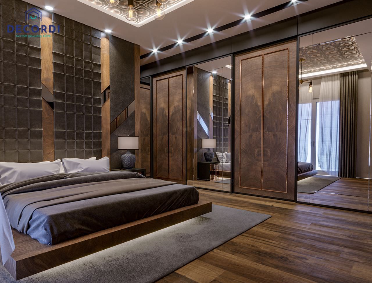 thiết kế phòng ngủ gỗ óc chó hiện đại kết hợp gương tạo nên không gian mở tinh tế và thông thoáng cho gia chủ.