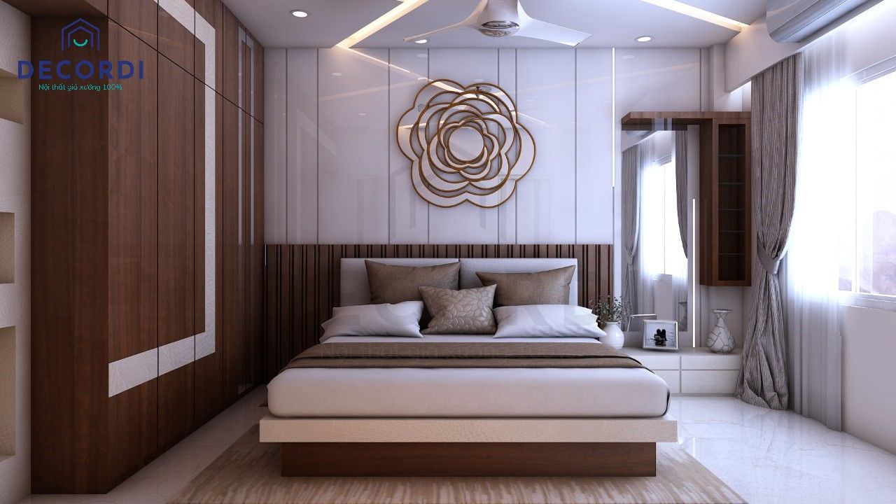 Thiết kế phòng ngủ tiện nghi, tiết kiệm diện tích hơn với tủ quần áo đụng trần gỗ óc chó