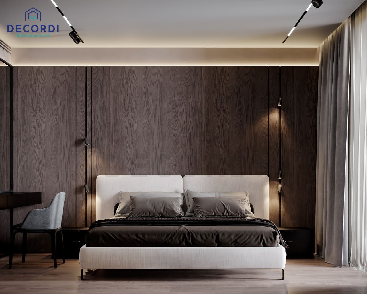 Thiết kế phòng ngủ đơn giản tiết kiệm với phong cách Minimalism cùng tông màu xám của vách ốp tường