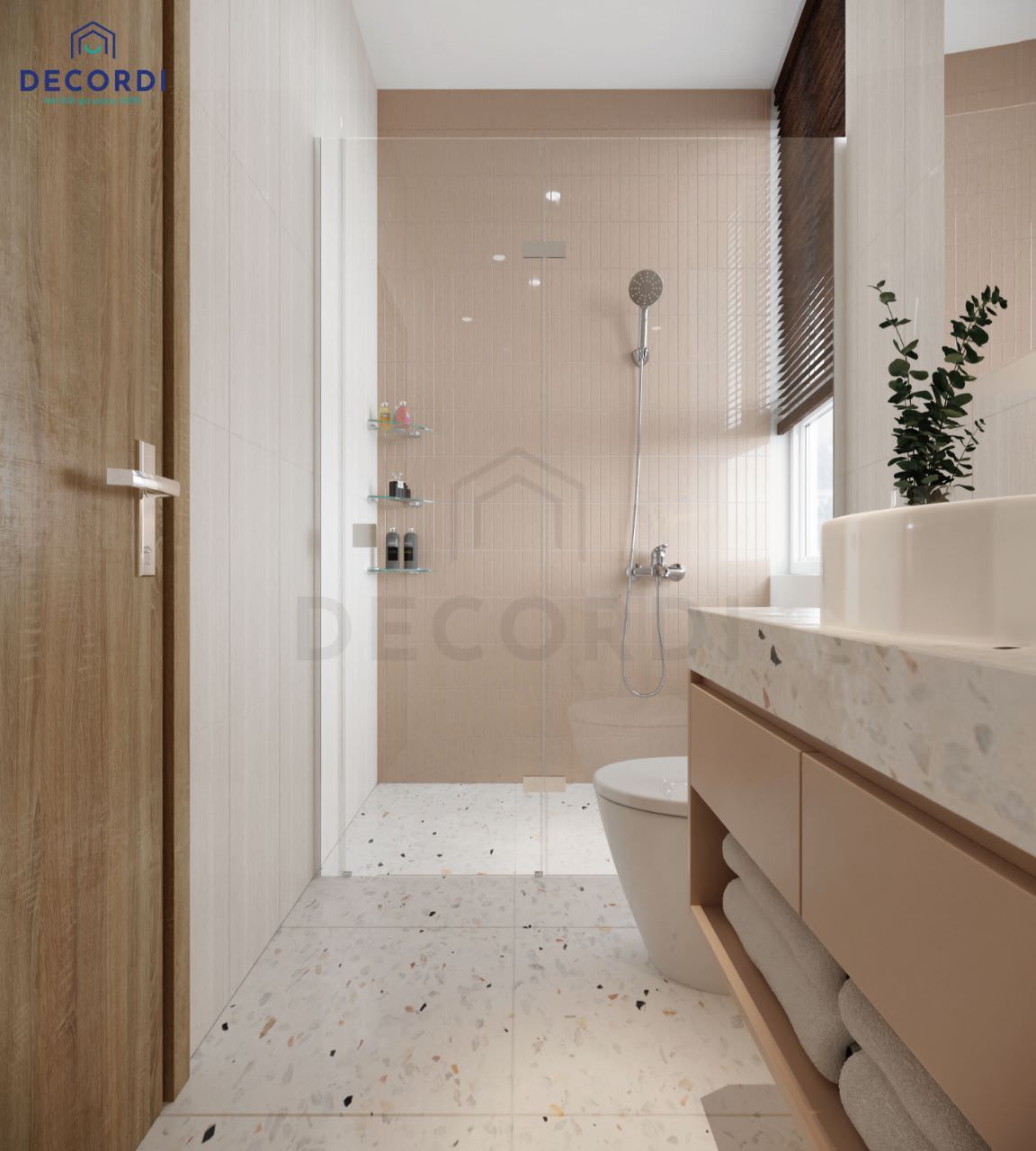 Thiết kế toilet với tông màu trung tính nhẹ nhàng kết hợp đá ốp sàn hoa cương màu trắng đem lại không gian dễ chịu cho gia chủ
