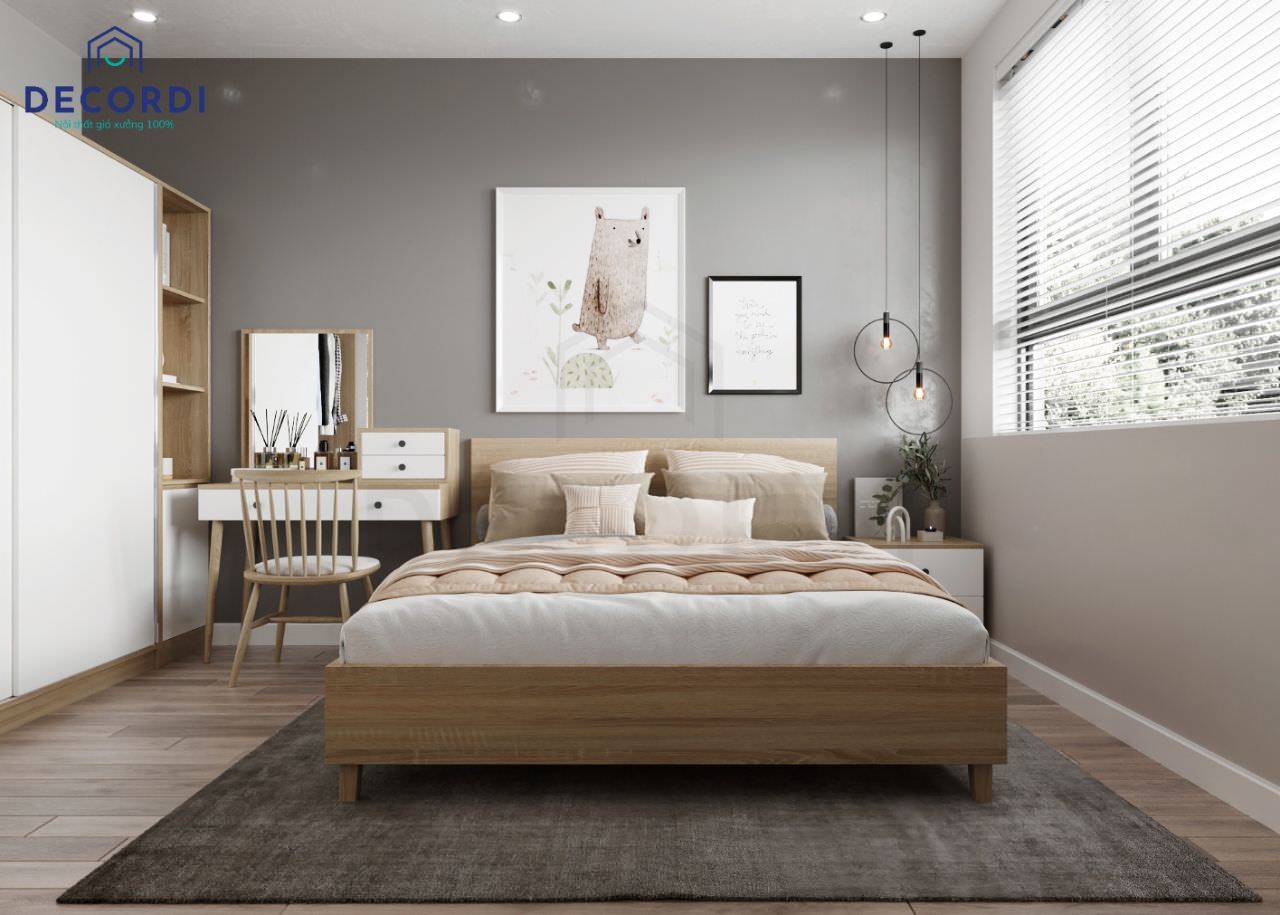 Giường gỗ công nghiệp MDF phủ Laminate màu nâu đẹp, mộc mạc dành cho phòng ngủ bạn gái ngọt ngào, gần gũi