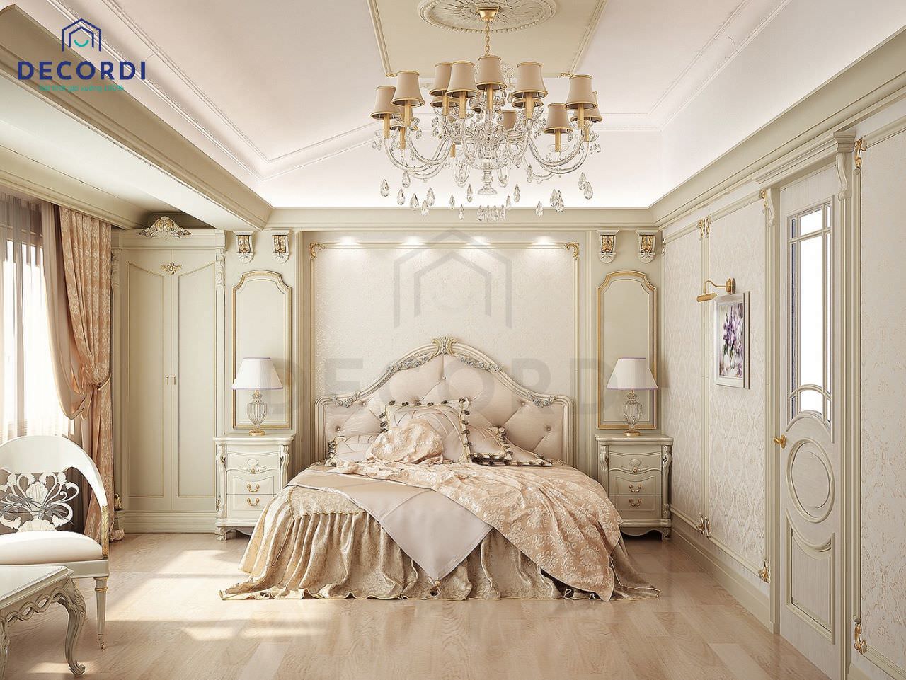 Thiết kế phòng ngủ master 40m2 phong cách cổ điển xa hoa với tông màu kem