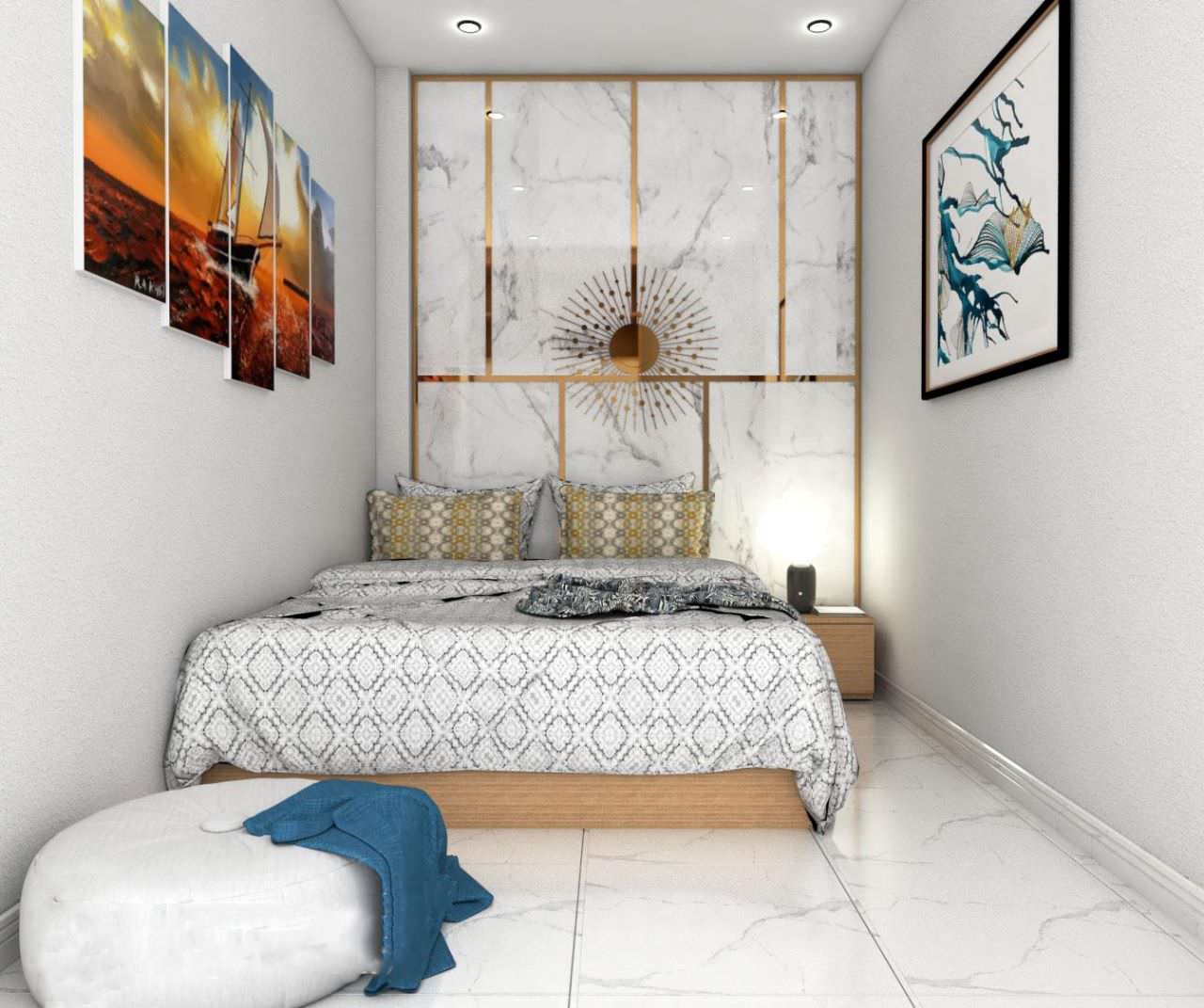 Trang trí phòng ngủ 2m5 với tông màu trắng, sử dụng gạch ốp sang trọng và tạo điểm nhấn với nẹp chỉ vàng