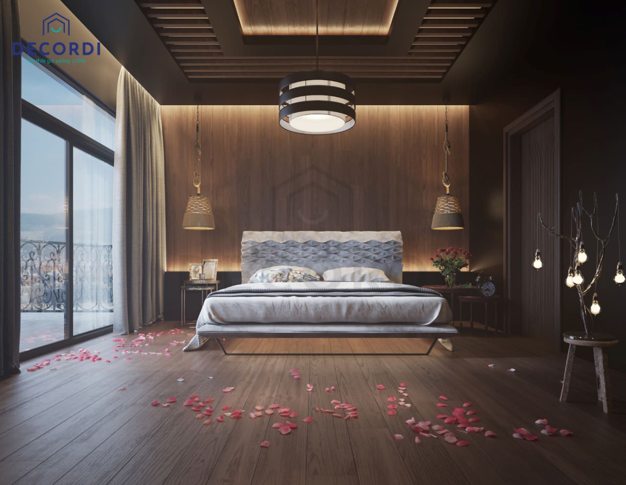 Căn phòng ngủ được thiết kế theo hơi hướng Nhật Bản nhưng lại kết hợp với chất liệu gỗ óc chó tạo nên một tổng thể đậm nét Á Đông tươi mới