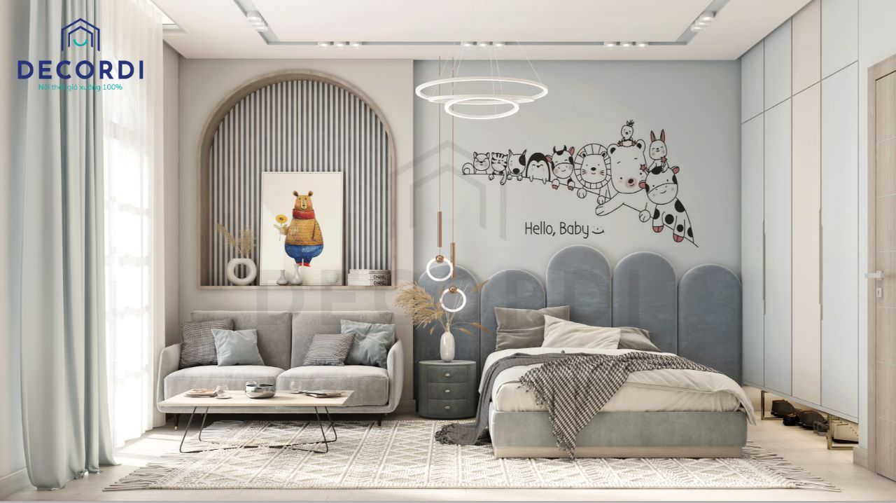 Nội thất phòng ngủ màu với giấy dán tường họa tiết hoạt hình cho bé