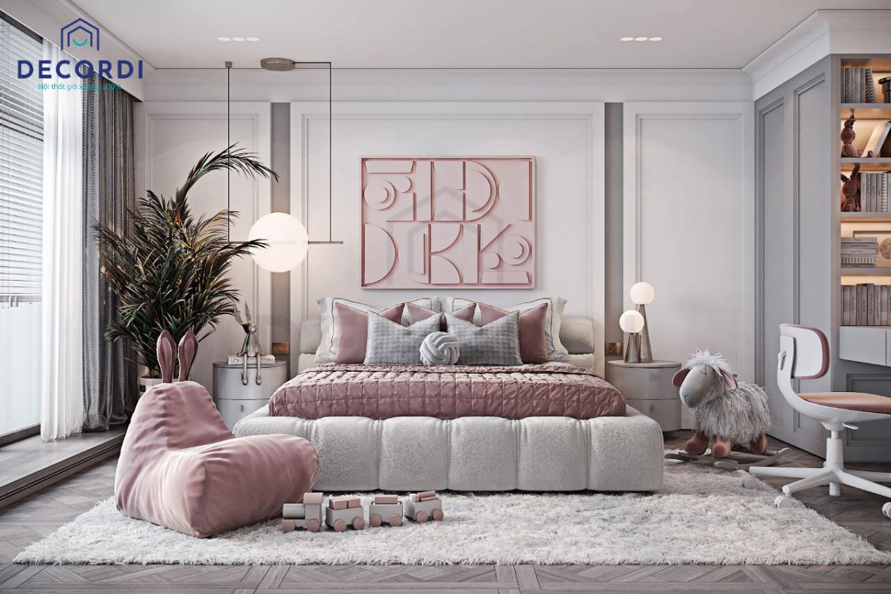 Thiết kế phòng ngủ 40m2 màu hồng dễ thương cho bạn gái