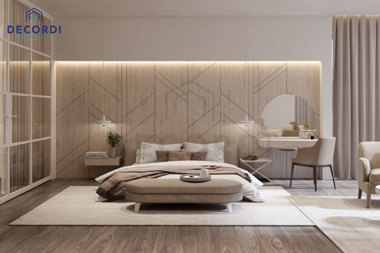Decor phòng ngủ phong cách tối giản với tông màu nâu sáng nhẹ nhàng từ chất liệu gỗ