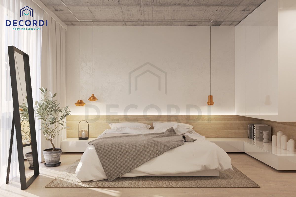 Bố trí gương và chậu cây xanh cho phòng ngủ phong cách tối giản