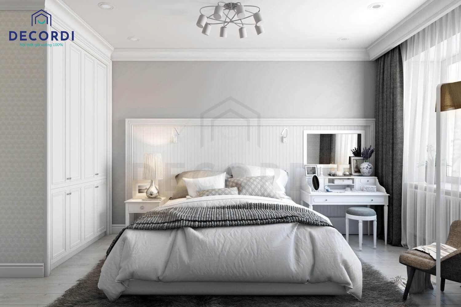 Phòng ngủ màu trắng phong cách tân cổ điển tinh tế cho gia chủ yêu thích sự nhẹ nhàng, sạch sẽ