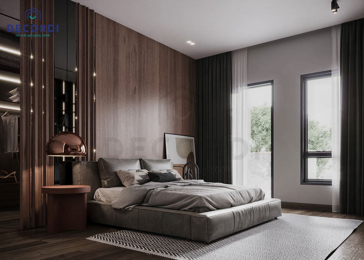 Thiết kế phòng ngủ hiện đại kết hợp phòng thay đồ tiện lợi bằng vách ngăn gỗ