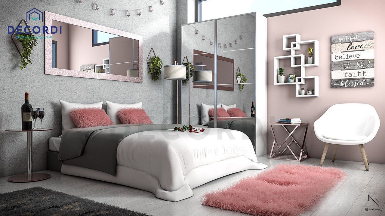Tạo điểm nhấn trang trí với tông màu hồng cho phòng ngủ màu xám