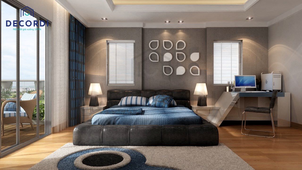 Phòng ngủ màu xám thanh lịch kết hợp với các điểm nhấn từ màu xanh lam vô cùng bắt mắt