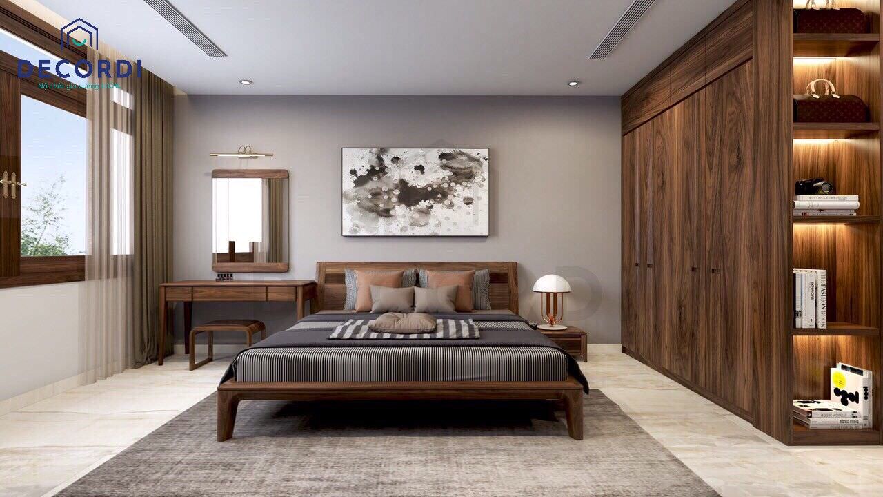 Thiết kế nội thất phòng ngủ với màu gỗ óc chó đặc trưng phối cùng màu ghi xám vô cùng hài hoà