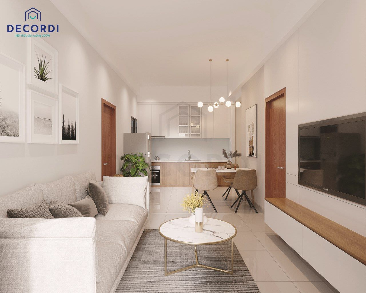 Thiết kế nội thất phòng khách chung cư hiện đại, tươi mới với tông màu trắng làm chủ đạo