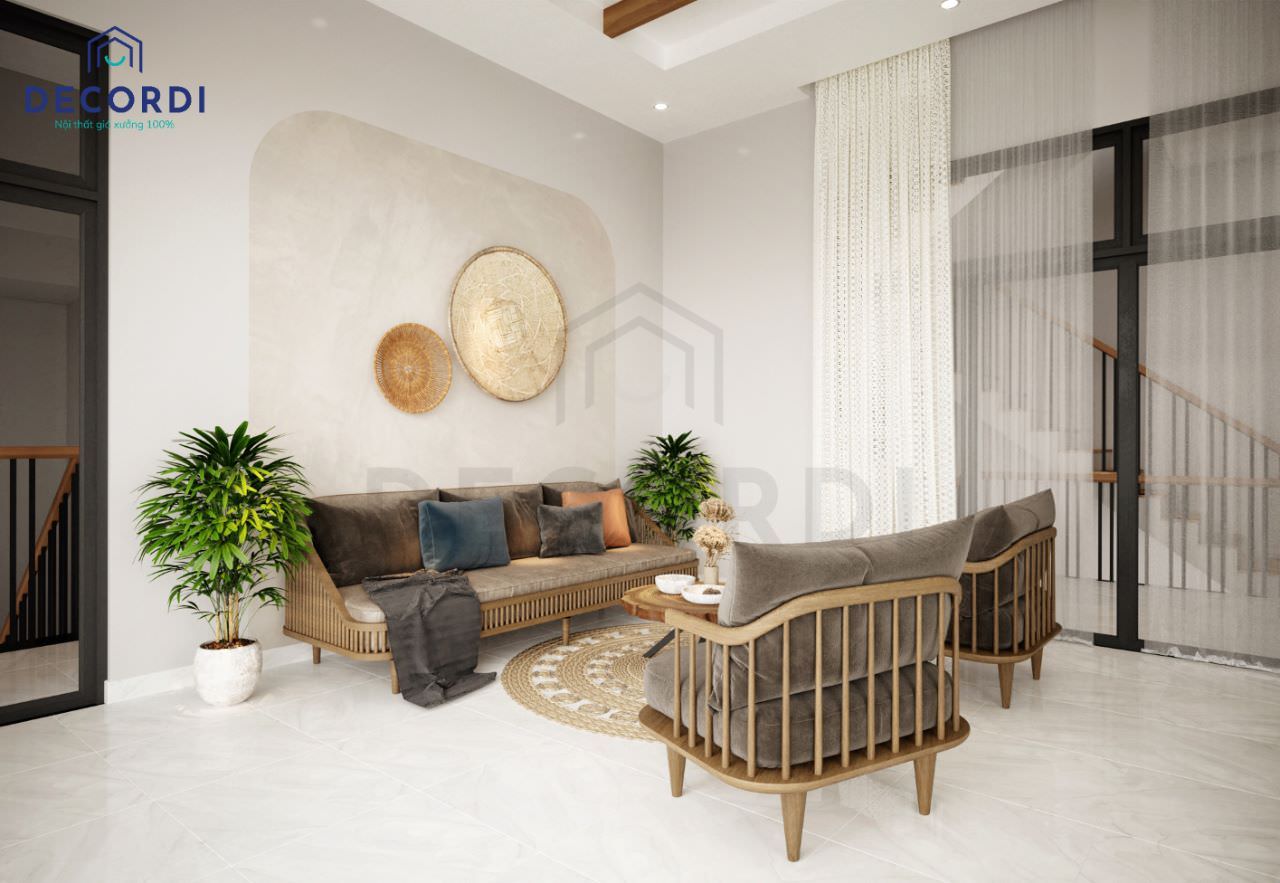 Thiết kế phòng khách nhà phố với phong cách rustic đơn giản, mộc mạc với chất liệu gỗ