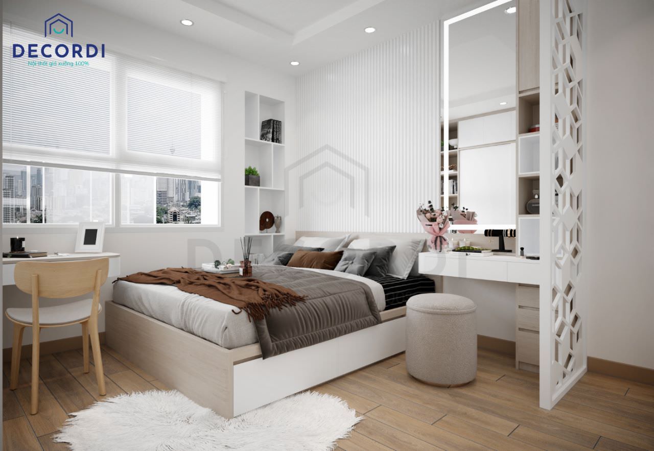 Bộ nội thất phòng ngủ tiện nghi và tiết kiệm không gian như giường hộc kéo, bàn tran điểm treo tường, kệ âm tường
