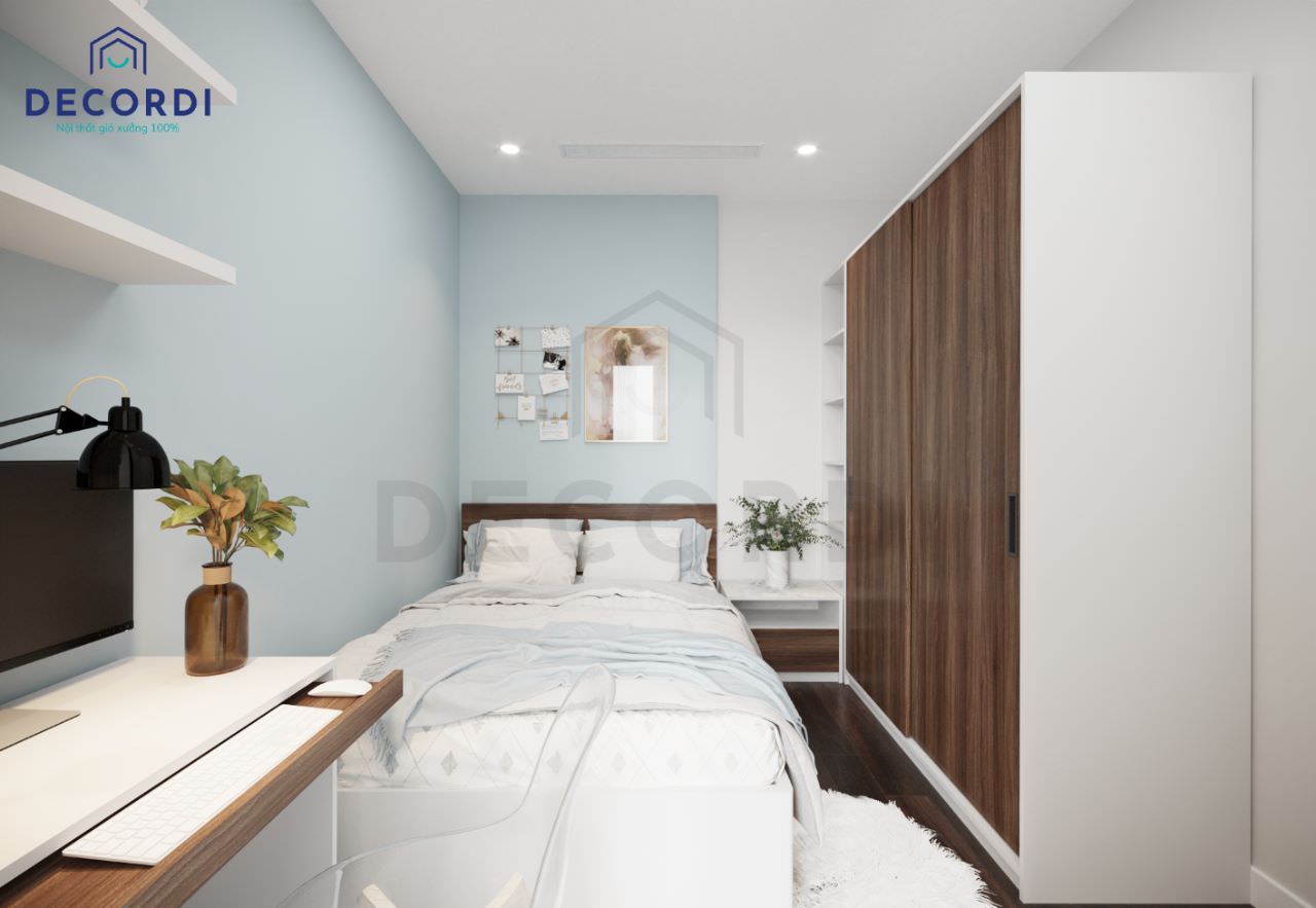 Thiết kế phòng ngủ nhỏ với tông màu xanh nước biển phối trắng đơn giản mà cá tính, phù hợp với nhiều độ tuổi