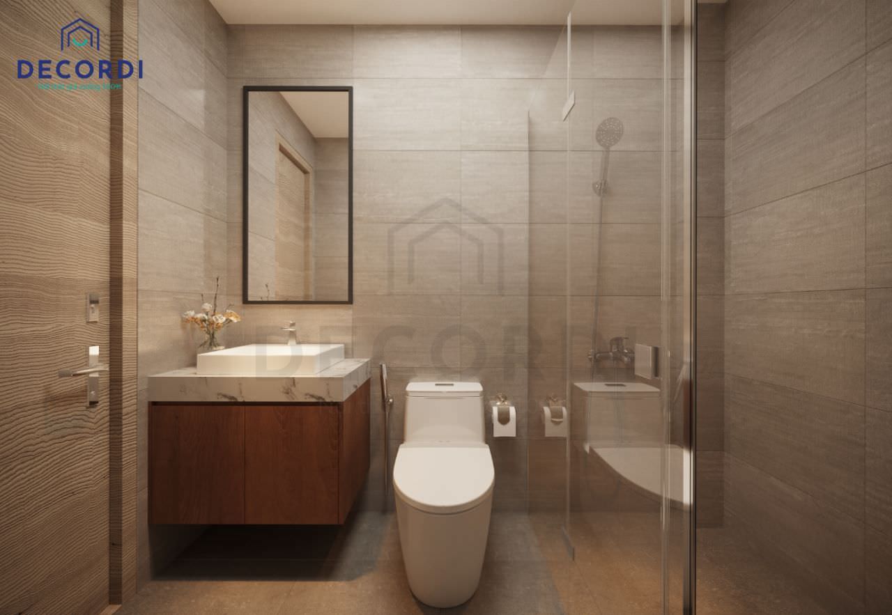 Thiết kế nhà vệ sinh bắt mắt với bộ tủ lavabo treo tường gỗ, bề mặt đá vân mây trắng sang trọng