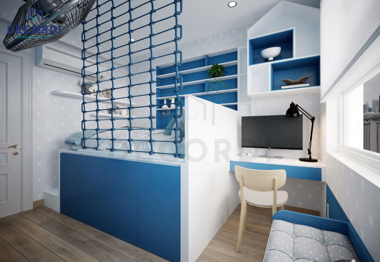 Thiết kế phòng ngủ màu xanh dương cho bé trai với bộ nội thất tiện nghi