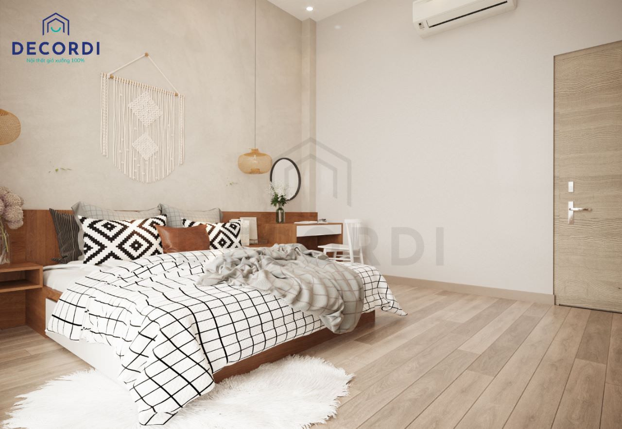 Trang trí phòng ngủ ấm áp và mộc mạc với rèm treo Macrame, lót sàn gỗ và thảm lông trắng