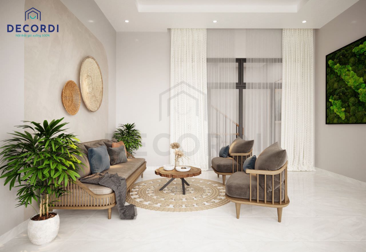 Trang trí phòng khách ấn tượng với sofa và bàn trà kết hợp thảm lót sàn bằng cói hình tròn