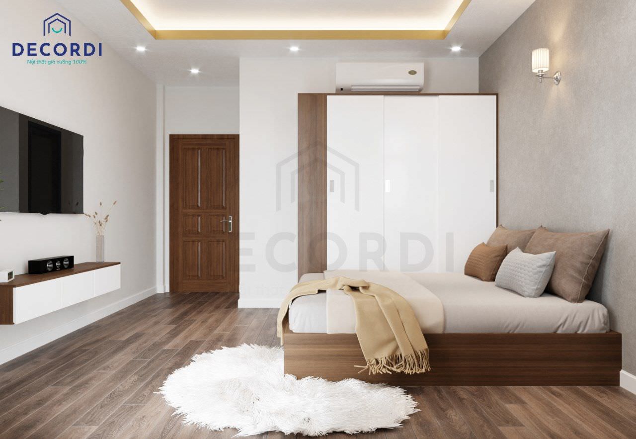 Phòng ngủ chữ L theo phong cách hiện đại với gam màu nhẹ nhàng, ấm áp