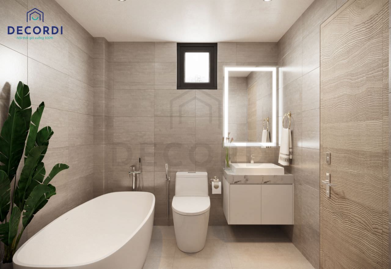Bộ nội thất toilet khá tiện nghi với tủ lavabo, bồn cầu và bồn tắm nằm để thư giãn