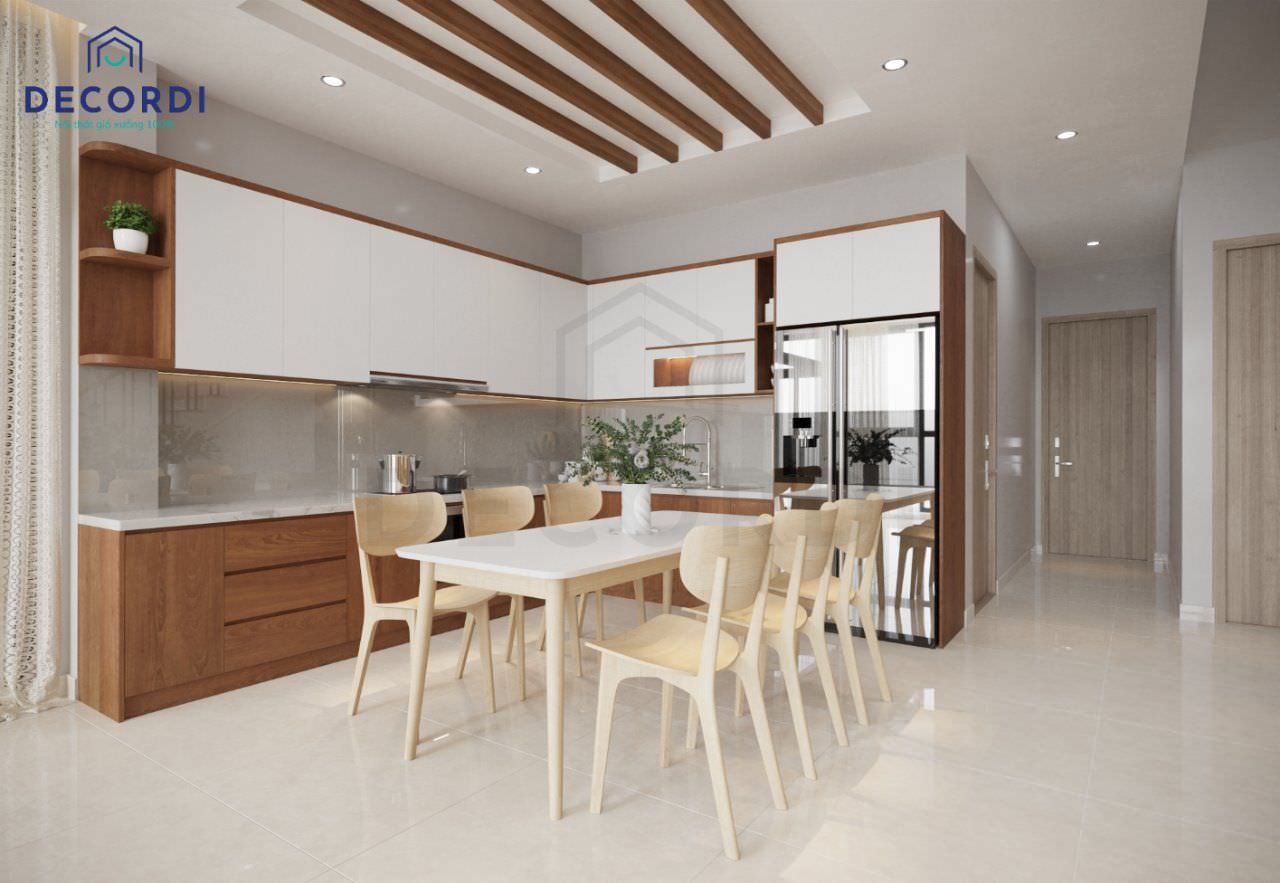 Thiết kế nội thất nhà bếp chung cư với chất liệu gỗ công nghiệp hiện đại