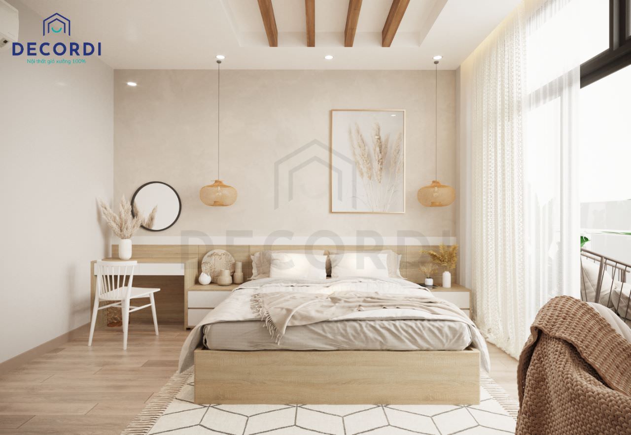 Thiết kế phòng ngủ master hiện đại với tông màu kem phối với nội thất gỗ nhẹ nhàng, sang trọng