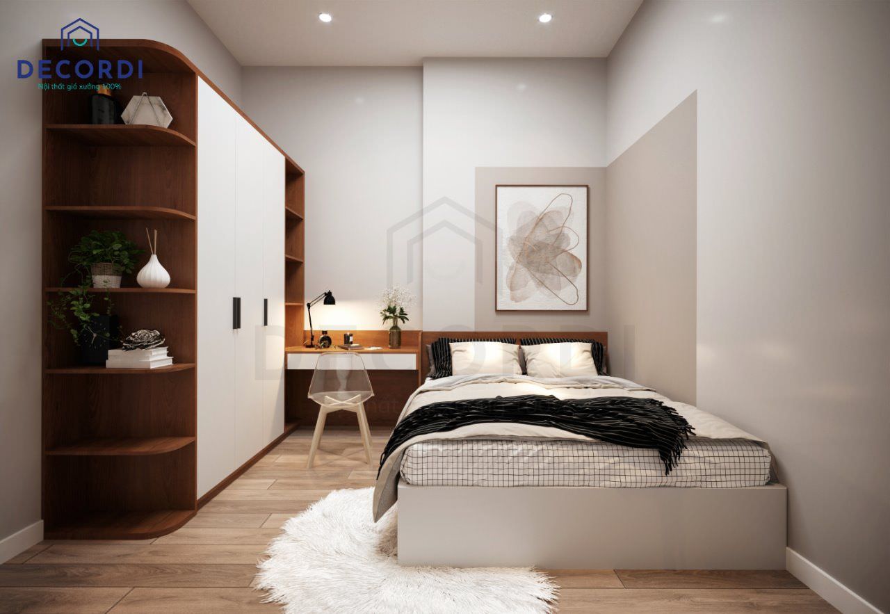 Thiết kế phòng ngủ nhỏ với tông màu trung tính mang lại cảm giác nhẹ nhàng không quá bí bách