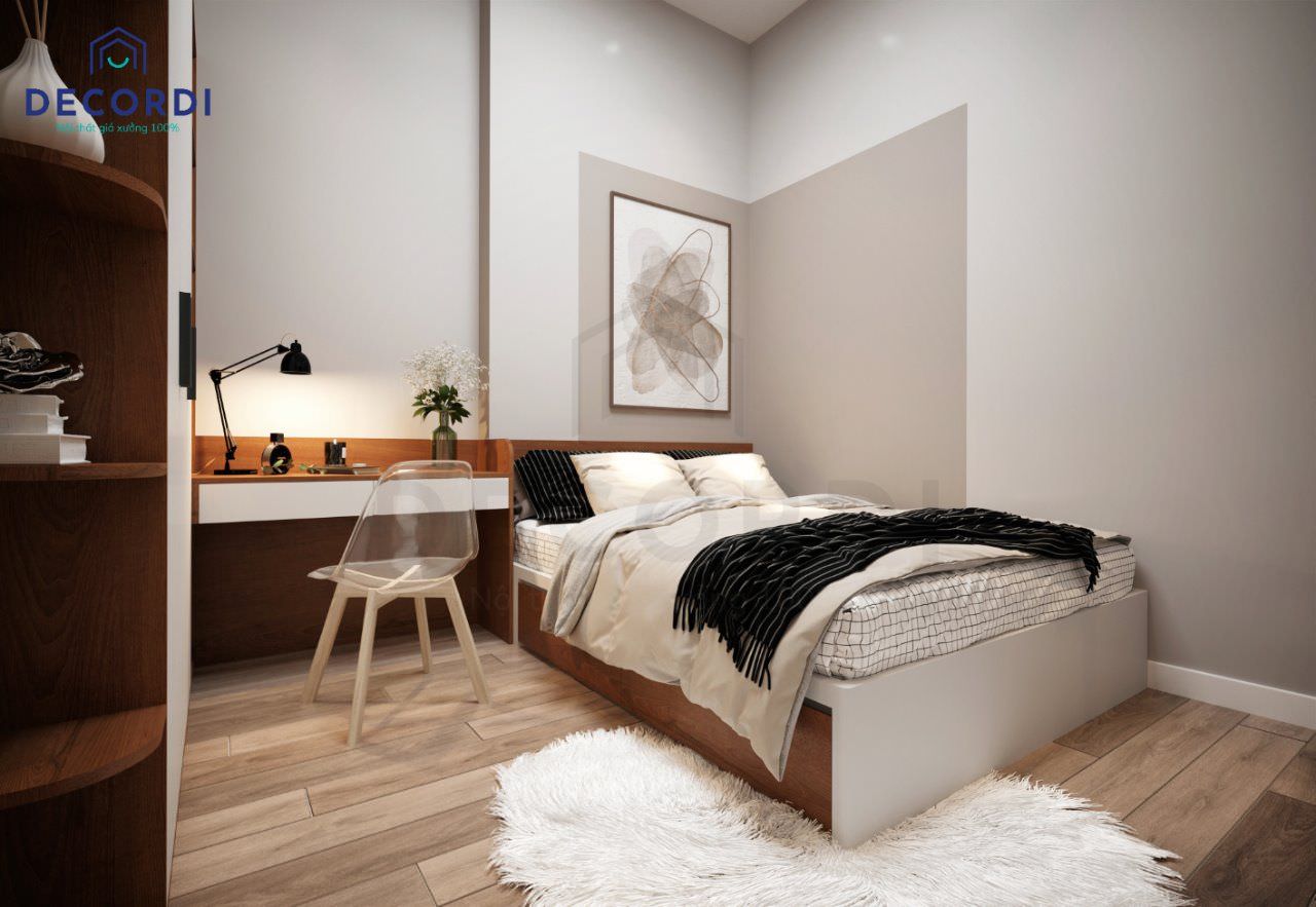 Lót sàn gỗ kết hợp bố trí thêm thảm lông lót sàn tạo nên không gian ấm cúng