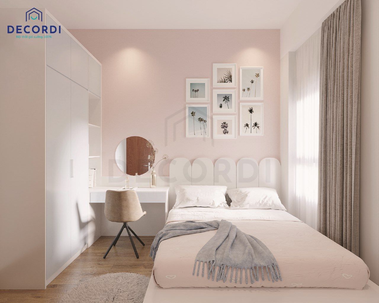Thiết kế phòng ngủ tông màu hồng pastel nhẹ nhàng